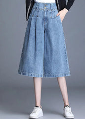 Loose Denim Blue High Waist Wrinkled Pockets Cotton Wide Leg Crop Pants