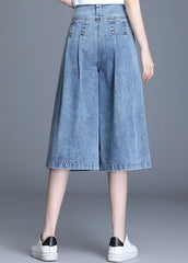 Loose Denim Blue High Waist Wrinkled Pockets Cotton Wide Leg Crop Pants