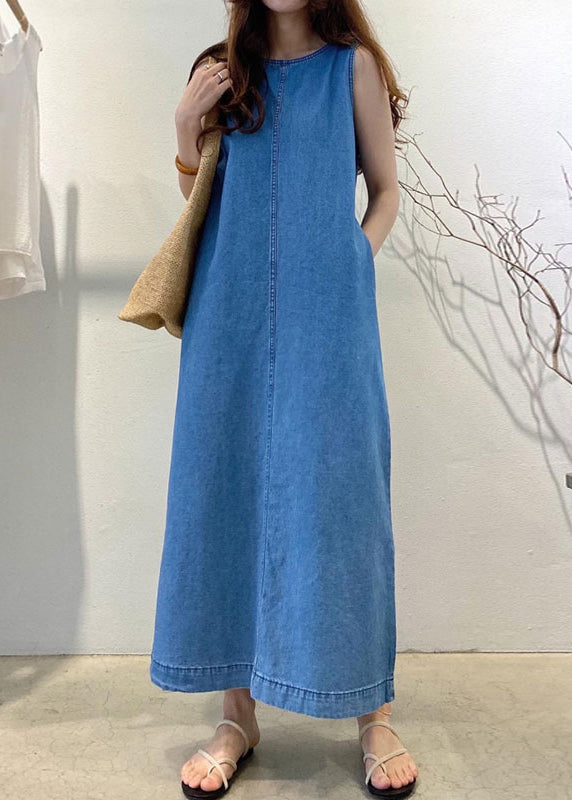 Loose Denim Blue O-Neck Patchwork Cozy Holiday Long Dress