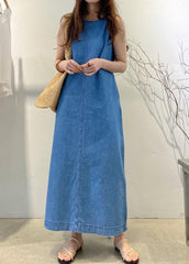 Loose Denim Blue O-Neck Patchwork Cozy Holiday Long Dress