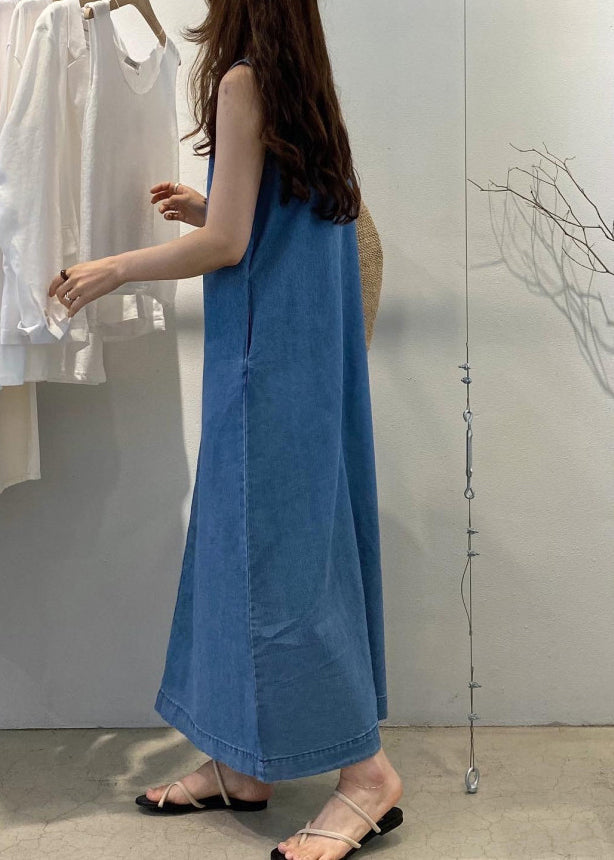 Loose Denim Blue O-Neck Patchwork Cozy Holiday Long Dress