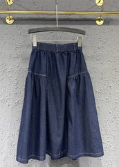 Loose Denim Blue Patchwork Button Elastic Waist A Line Skirt