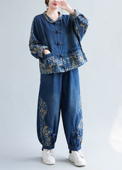 Loose Denim Blue Peter Pan Collar Print Coats And Lantern Pants Two Pieces Set