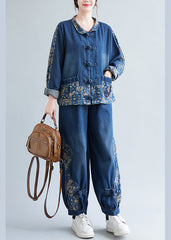 Loose Denim Blue Peter Pan Collar Print Coats And Lantern Pants Two Pieces Set