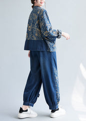 Loose Denim Blue Peter Pan Collar Print Coats And Lantern Pants Two Pieces Set