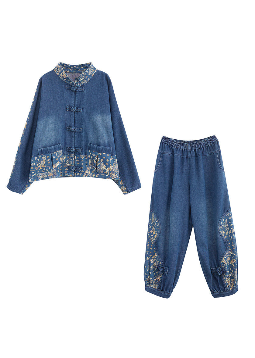 Loose Denim Blue Peter Pan Collar Print Coats And Lantern Pants Two Pieces Set