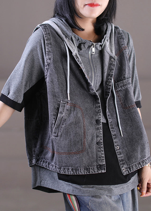 Loose Grey Knit Patchwork Drawstring Button Hooded Denim Waistcoatcoat Sleeveless