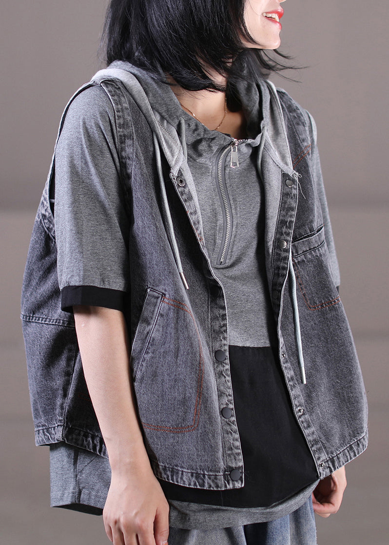 Loose Grey Knit Patchwork Drawstring Button Hooded Denim Waistcoatcoat Sleeveless