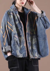 Loose Make Old Blue Stand Collar Zippered Print Denim Coats Long Sleeve