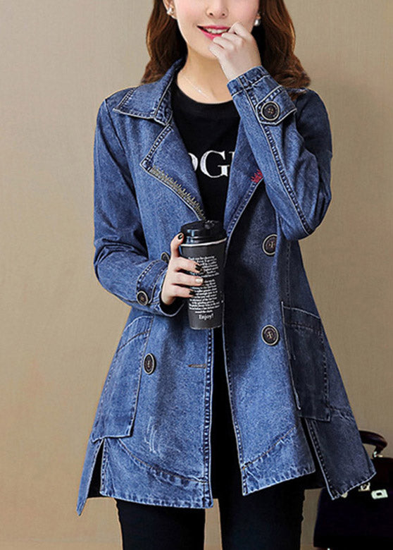 Loose Navy Notched Patchwork Side Open Button Long Denim Coats