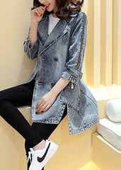 Loose Navy Notched Patchwork Side Open Button Long Denim Coats