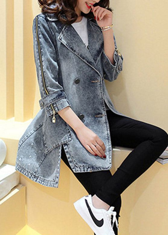 Loose Navy Notched Patchwork Side Open Button Long Denim Coats