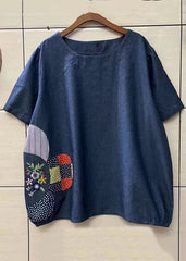 Loose Navy O-Neck Embroideried Patchwork Denim T Shirt Top