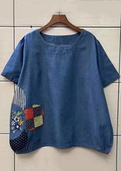 Loose Navy O-Neck Embroideried Patchwork Denim T Shirt Top