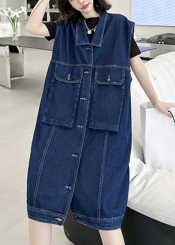 Loose Navy Peter Pan Collar Button Patchwork Denim Long Waistcoat Sleeveless