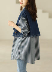 Loose Peter Pan Collar Button Striped Patchwork Fake Two Piece Denim Cotton Shirt Long Sleeve