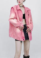 Loose Pink Button Pockets Patchwork Unisex Style Denim Coats Fall