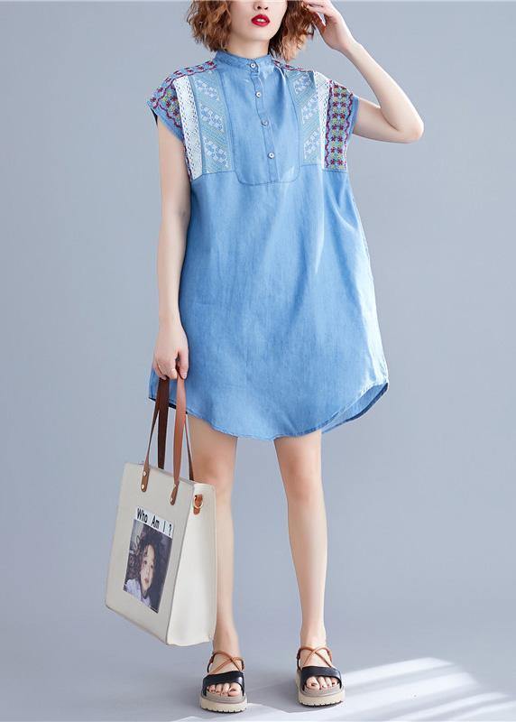 Loose denim blue Cotton dresses stand collar embroidery tunic Dresses