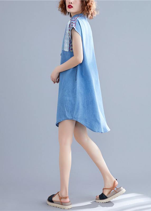 Loose denim blue Cotton dresses stand collar embroidery tunic Dresses