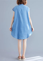 Loose denim blue Cotton dresses stand collar embroidery tunic Dresses