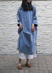 Loose denim blue Tunics stand collar side open Plus Size Dresses