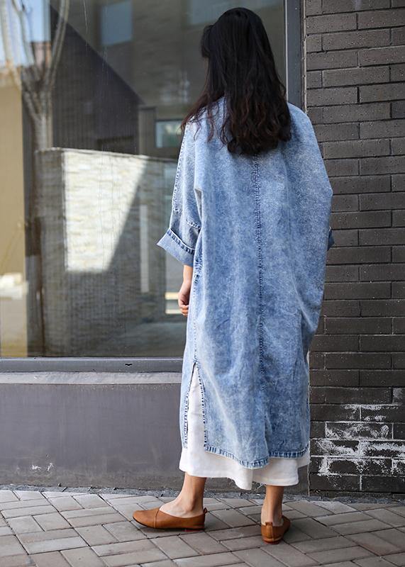 Loose denim blue Tunics stand collar side open Plus Size Dresses