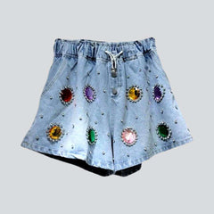 Loose embellished rhinestone denim shorts