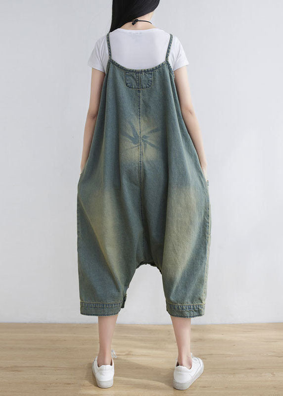 Loose light Blue pockets Print denim Jumpsuit