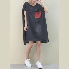 Loose o neck red pockets Cotton quilting dresses Inspiration denim black Dress