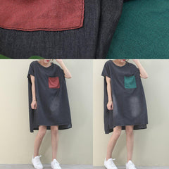 Loose o neck red pockets Cotton quilting dresses Inspiration denim black Dress