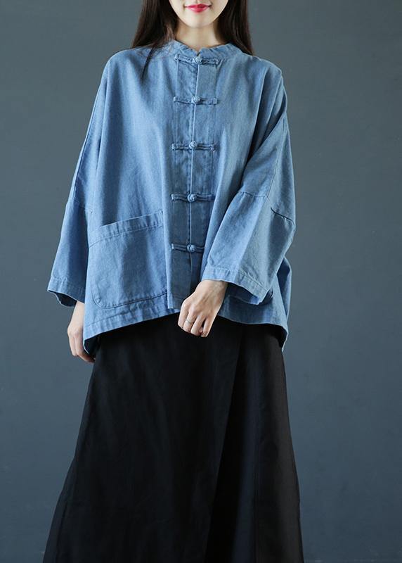 Loose stand collar Chinese Button clothes For Sleeve denim light blue-little flower shirts