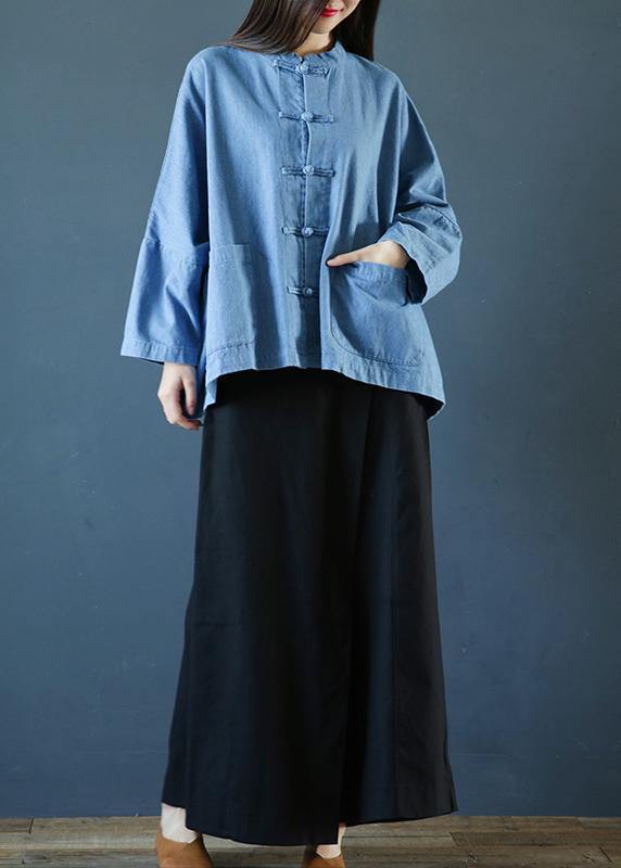 Loose stand collar Chinese Button clothes For Sleeve denim light blue-chrysanthemum shirts