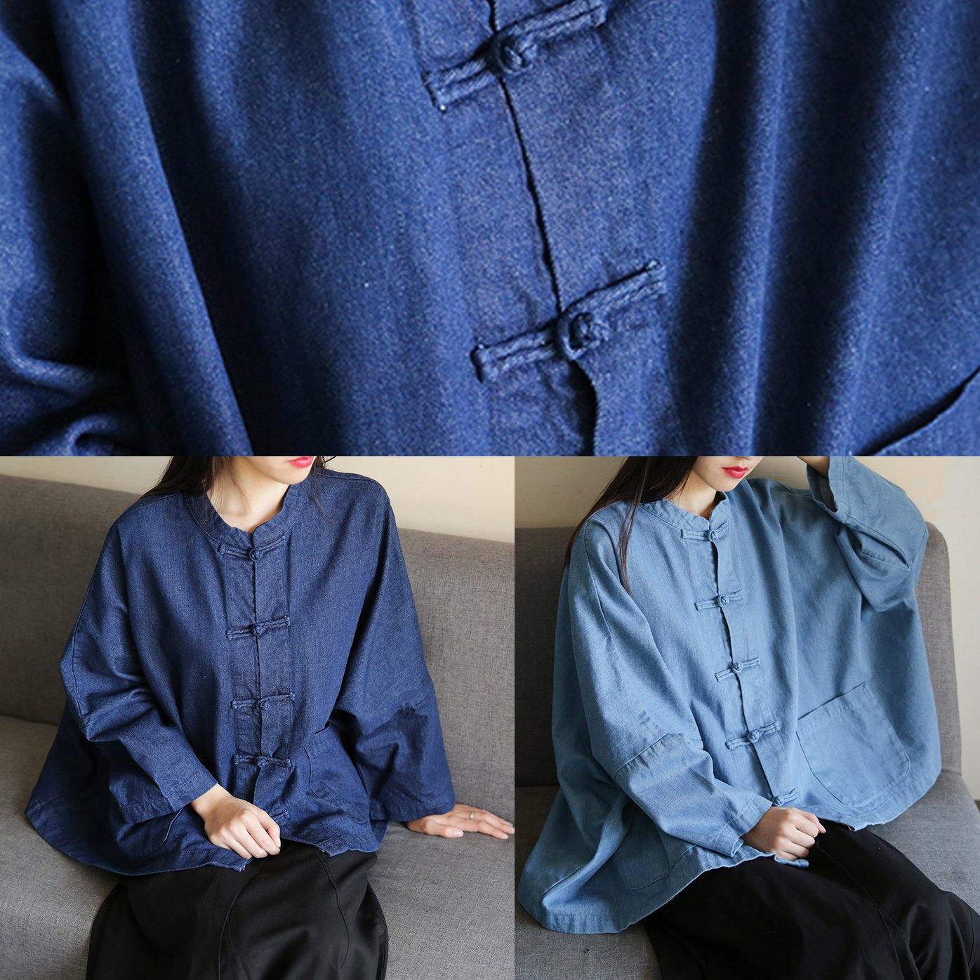 Loose stand collar Chinese Button clothes For Sleeve denim light blue-little flower shirts