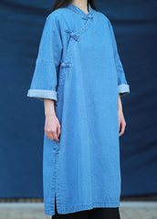 Loose stand collar Tunic Photography denim light blue Dress