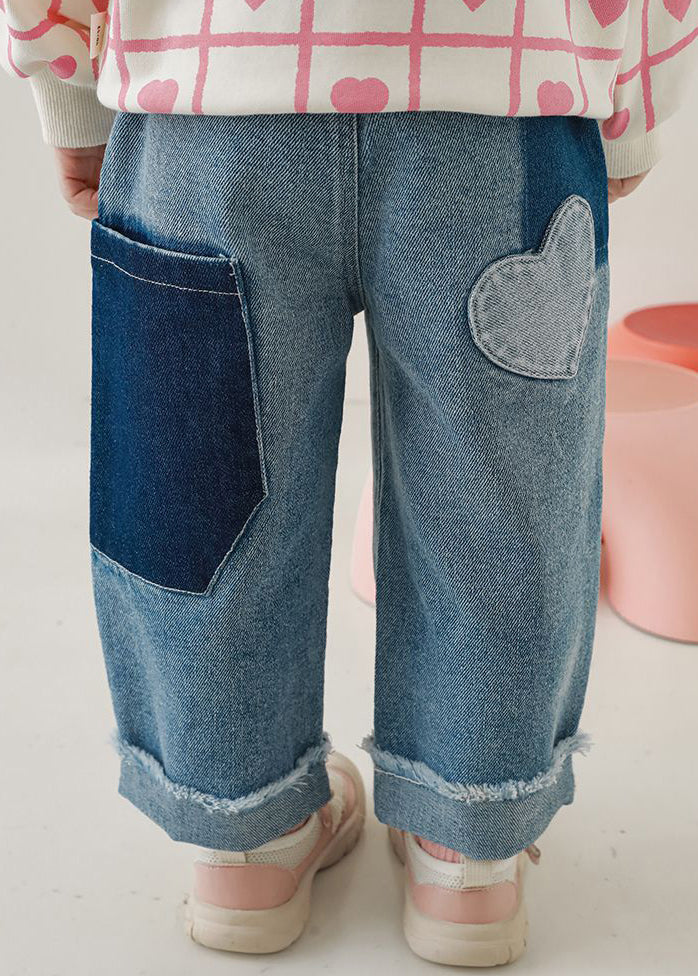 Preciosos pantalones vaqueros de cintura elástica con bolsillos azules para niñas otoño