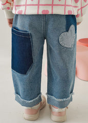 Lovely Blue Pockets Elastic Waist Denim Girls Pants Fall