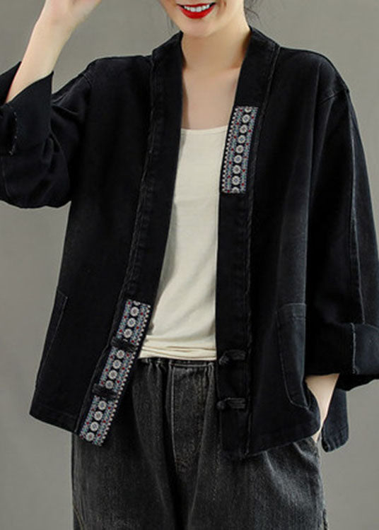 Luxury Black Embroideried Pockets Button Patchwork Fall Denim Coat