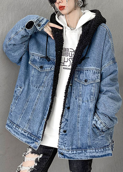 Luxury Denim Blue Pockets Patchwork Thick Winter Jacket