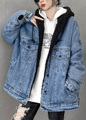 Luxury Denim Blue Pockets Patchwork Thick Winter Jacket