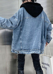 Luxury Denim Blue Pockets Patchwork Thick Winter Jacket