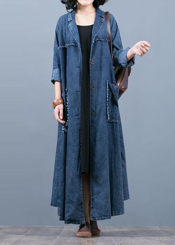 Luxury denim blue coat oversize fall coat Notched Large pockets Coats