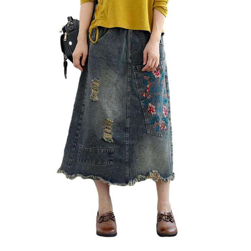 Embroidered ripped women denim skirt