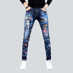 Medium wash printed men jeans