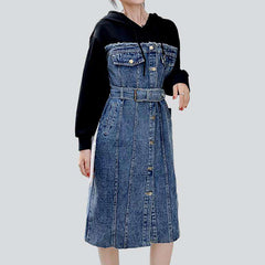 Mixed-fabric hooded denim dress