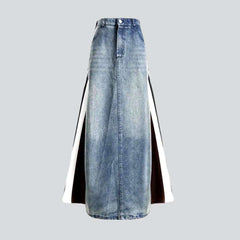 Mixed fabric long denim skirt