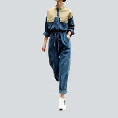 Mixed fabric loose denim overall