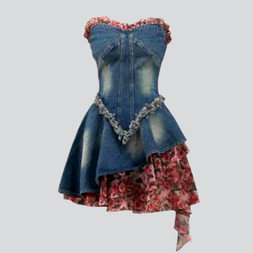 Mixed fabric strapless denim dress