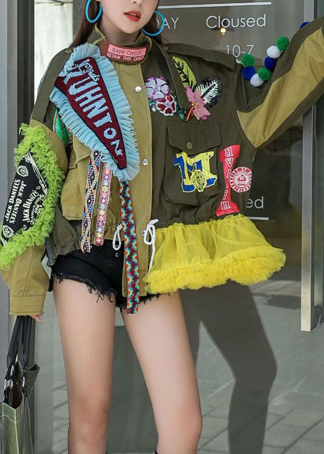 Modern Army Green Tulle Ruffled Sequins Patchwork Denim Jacket