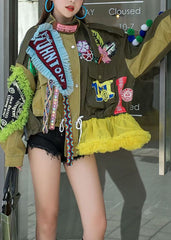 Modern Army Green Tulle Ruffled Sequins Patchwork Denim Jacket