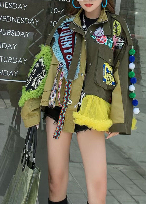 Modern Army Green Tulle Ruffled Sequins Patchwork Denim Jacket